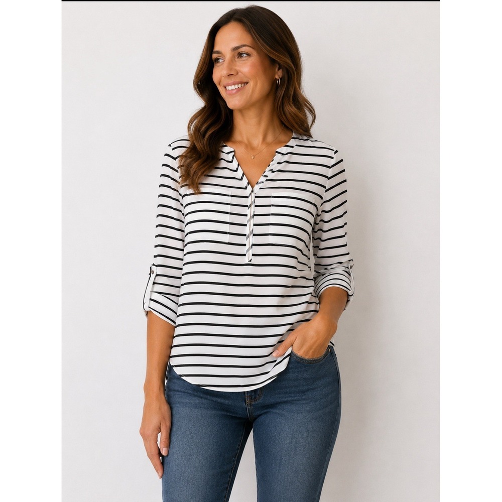 Calvin Klein top white And Black Striped‎ Shirt womens Size Medium 1/4 zip